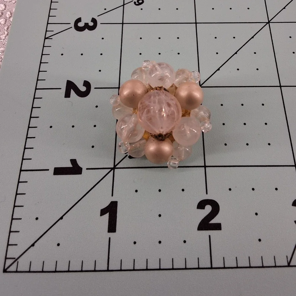 Vintage West Germany‎ Pink Swirl Lucite & Faux Pearl Cluster Clip-On Earrings